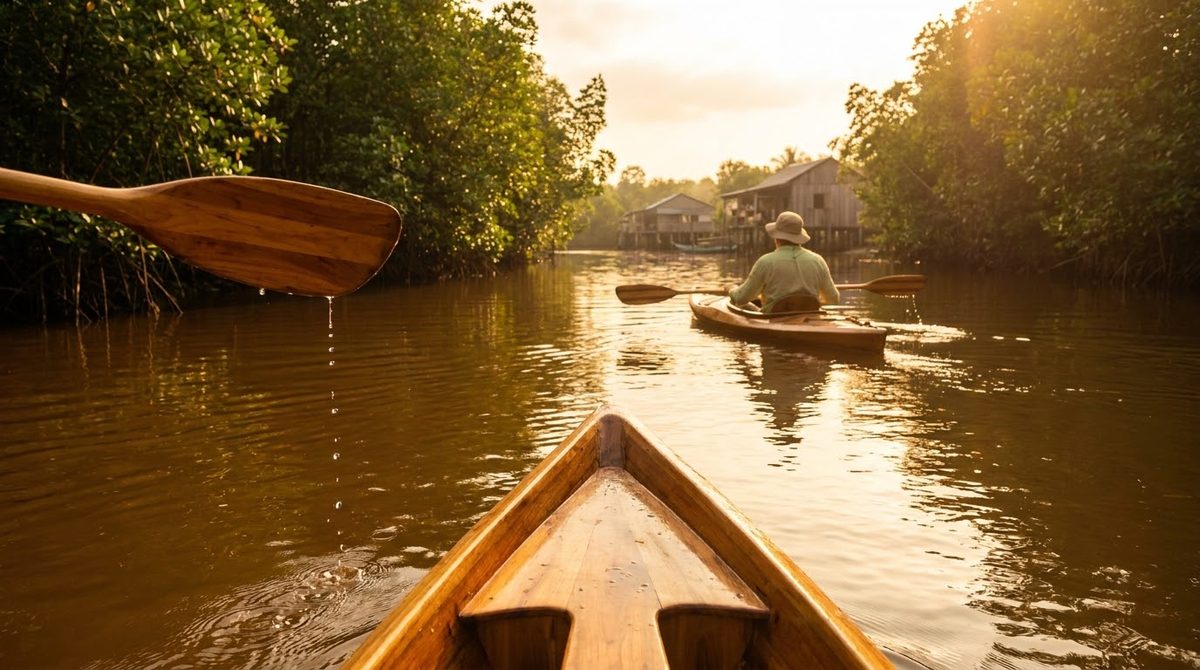 A kayak on the calm water of the Cua Can river between mangroves