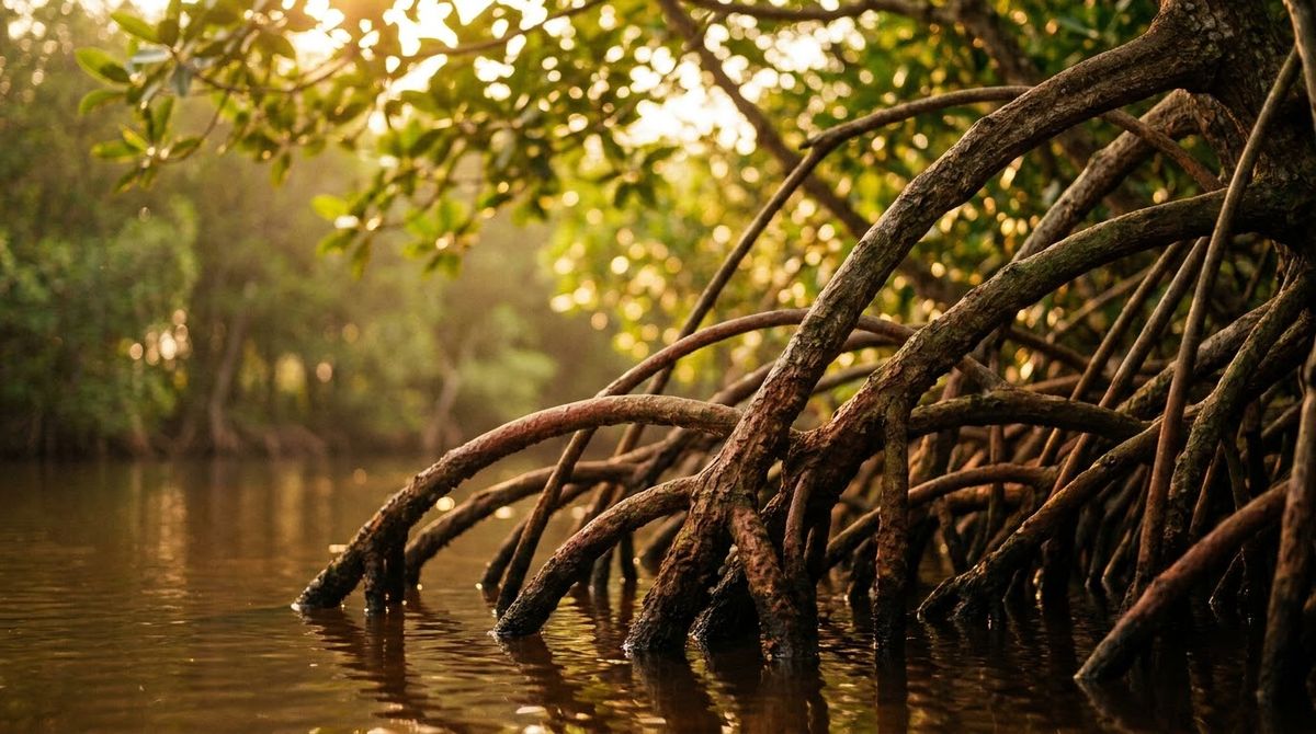 Mangrove roots arching into the water on the Cua Can river