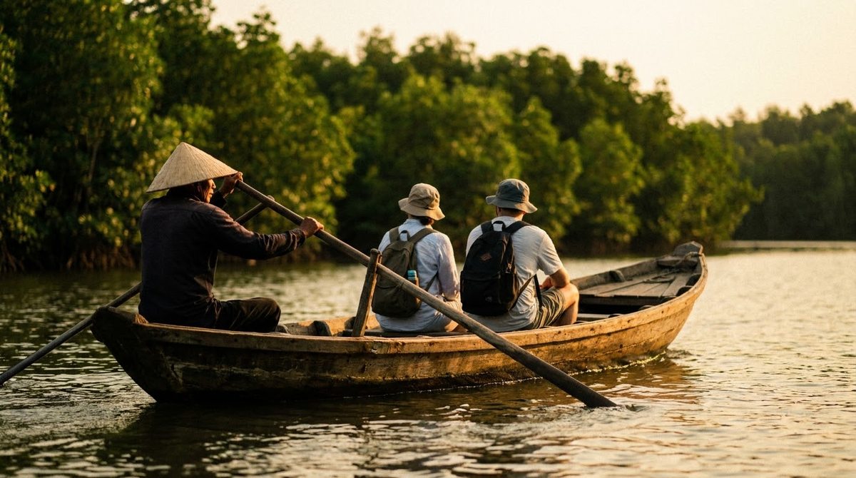 A local boatman rowing a small wooden boat on the Cua Can river