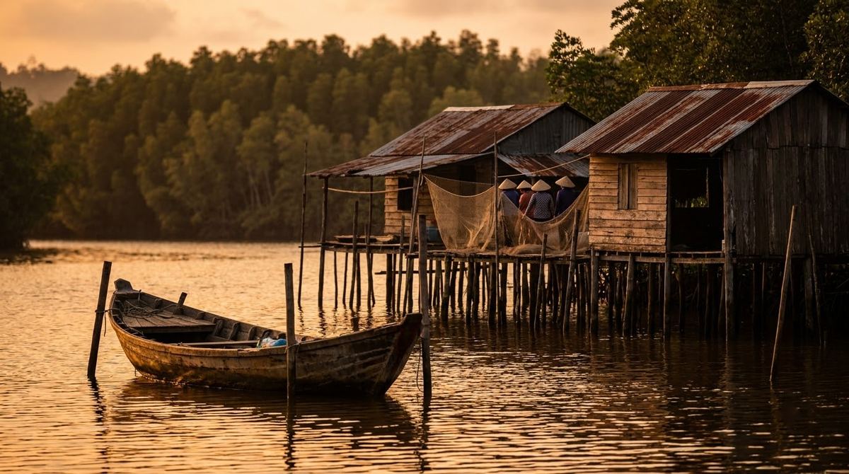 Stilt houses and moored boats along the river bank at Cua Can