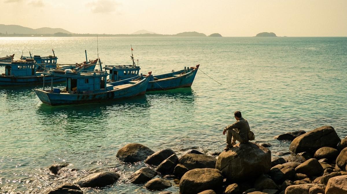 Rocky shore at Ganh Dau Cape with the Cambodian coast on the horizon