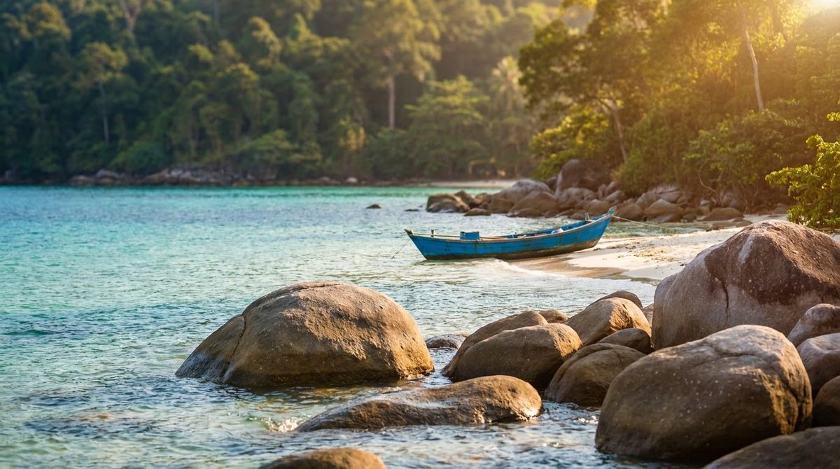 Scattered rocks, white sand and clear water at Ham Rong Cape with forest behind