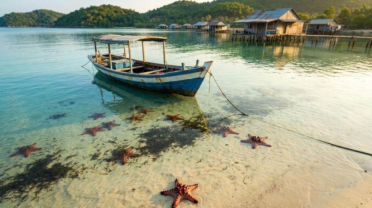 A small wooden boat anchored over the turquoise sandbar off Rach Vem