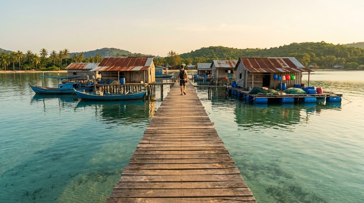 Wooden raft houses on stilts over the water at Rach Vem fishing village