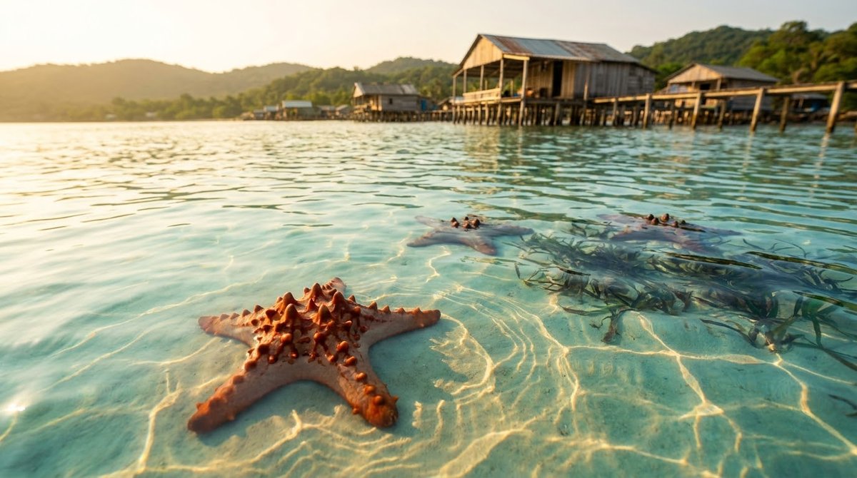 Red cushion starfish on pale sand in knee-deep clear water at Rach Vem