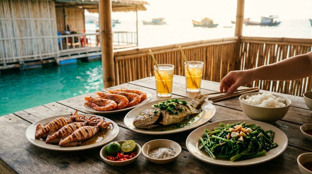 Grilled squid, prawns and fish served on a raft house table over the water at Rach Vem