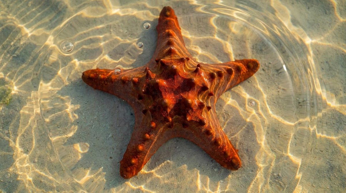 Close view of a red cushion starfish with its knobbed back under clear water