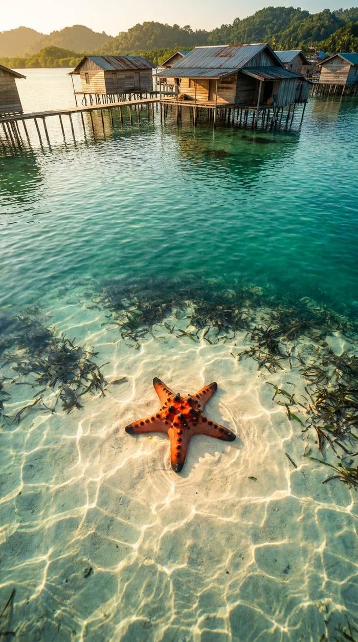 A red cushion starfish seen from above in clear shallow water at Rach Vem