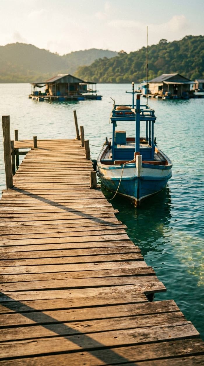 A small wooden boat waiting at the end of a jetty at Rach Vem