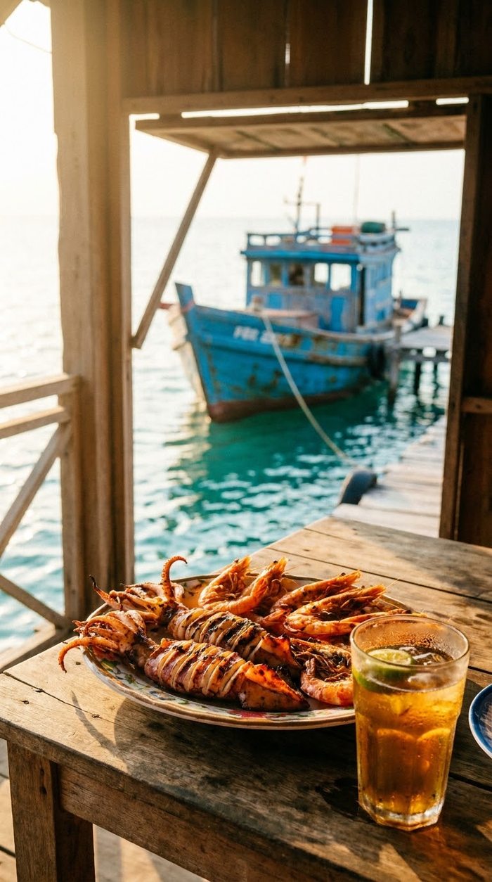 Grilled seafood on a table on a raft house over the water