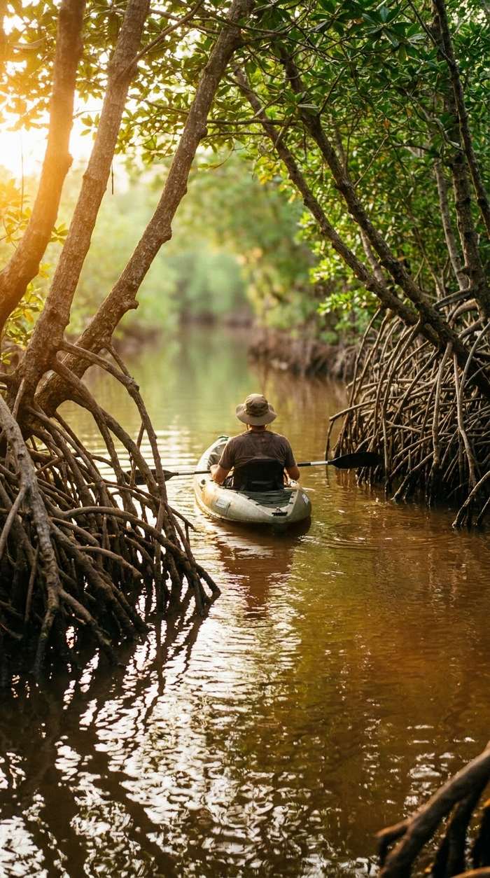 A kayak gliding between mangrove roots on the Cua Can river