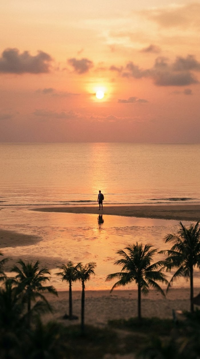 The sun going down over the sea from a beach on the west coast of Phu Quoc