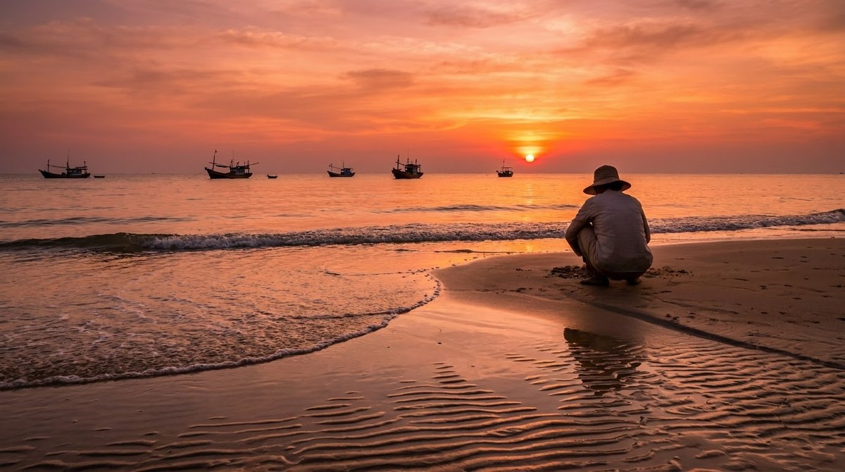 The sun setting into the sea off a quiet beach on the west coast of Phu Quoc